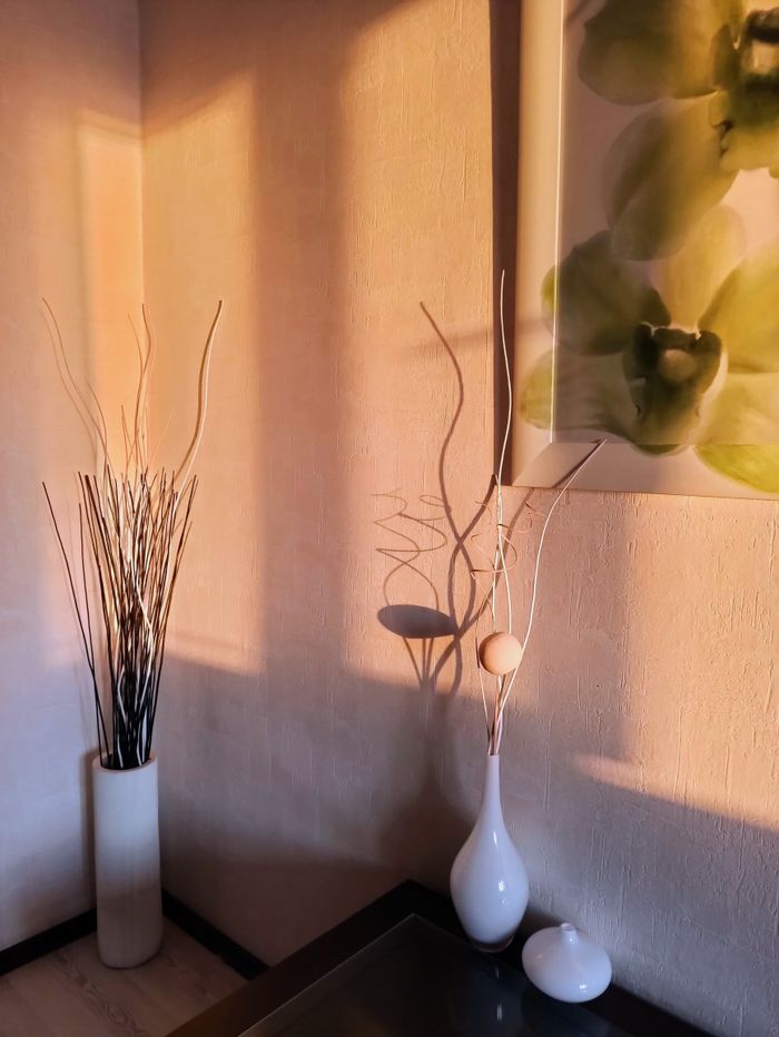 Minimalist interior with vases and decorative elements in warm natural light, modern design.